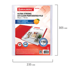 Папки-файлы перфорированные А4 BRAUBERG &laquo;EXTRA 1100&raquo;, КОМПЛЕКТ 50 шт., матовые, ПЛОТНЫЕ, 110 мкм, 229673