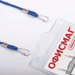 Бейдж вертикальный БОЛЬШОЙ (120&times;90 мм), на синем шнурке 45 см, 2 карабина, ОФИСМАГ, 235719