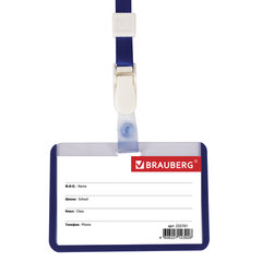 Бейдж школьника горизонтальный (55&times;90 мм), на ленте со съемным клипом, СИНИЙ, BRAUBERG, 235761