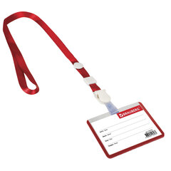 Бейдж школьника горизонтальный (55&times;90 мм), на ленте со съемным клипом, КРАСНЫЙ, BRAUBERG, 235762