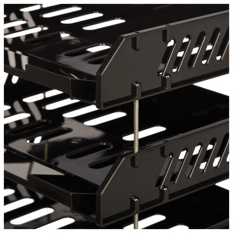 Лотки горизонтальные для бумаг, НАБОР 3 шт. (335х232х280 мм), на металлических стержнях 60 мм, черные, "Сити", ЛТГ-30695