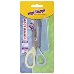 Ножницы ЮНЛАНДИЯ, 135 мм, с футляром для лезвий, мятно-голубые, блистер, 237110