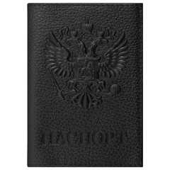 Обложка для паспорта натуральная кожа флоттер, &laquo;Герб&raquo;, черная, BRAUBERG, 237198