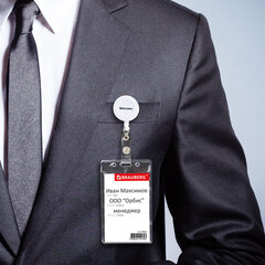 Бейдж вертикальный (90&times;60 мм), с держателем-рулеткой 70 см, белый, BRAUBERG, 238243