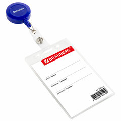 Бейдж вертикальный (90&times;60 мм), с держателем-рулеткой 70 см, синий, BRAUBERG, 238244