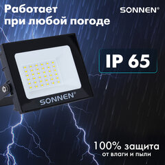 Прожектор светодиодный 30 Вт, 6500 К, 2400 Лм, 30 м2, IP65, 146&times;98&times;26 мм, черный, SONNEN, 238413