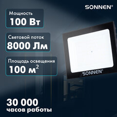 Прожектор светодиодный 100 Вт, 6500 К, 8000 Лм, 100 м2, IP65, 250&times;178&times;27 мм, черный, SONNEN, 238415