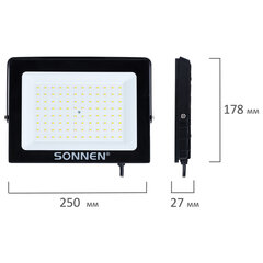 Прожектор светодиодный 100 Вт, 6500 К, 8000 Лм, 100 м2, IP65, 250&times;178&times;27 мм, черный, SONNEN, 238415