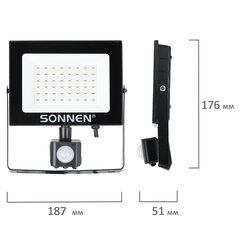 Прожектор светодиодный с датчиком движения 50 Вт, 6500 К, 4000 Лм, 50 м2, IP65, 187&times;176&times;51 мм, черный, SONNEN, 238418