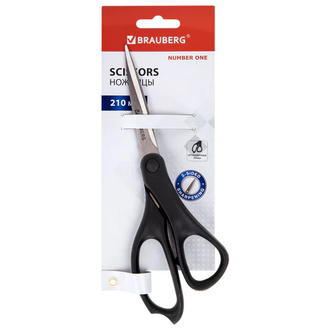 Ножницы BRAUBERG "NUMBER ONE", 210 мм, черные, 3-сторонняя заточка, эргономичные ручки, 238850