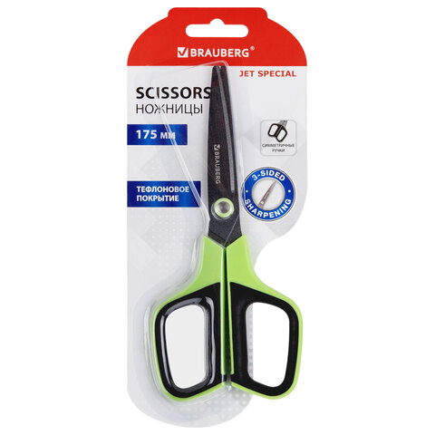 Ножницы BRAUBERG "JET Special", салатовые, 175 мм, 3-х сторонняя заточка, тефлоновое покрытие,238851