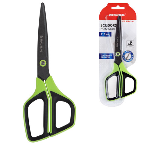 Ножницы BRAUBERG "JET Special", салатовые, 210 мм, 3-х сторонняя заточка, тефлоновое покрытие,238852
