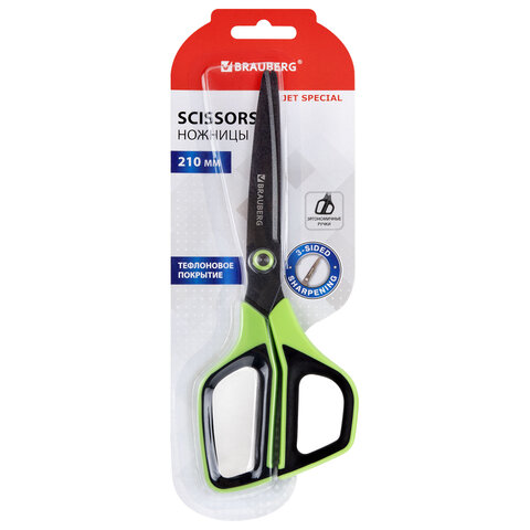 Ножницы BRAUBERG "JET Special", салатовые, 210 мм, 3-х сторонняя заточка, тефлоновое покрытие,238852