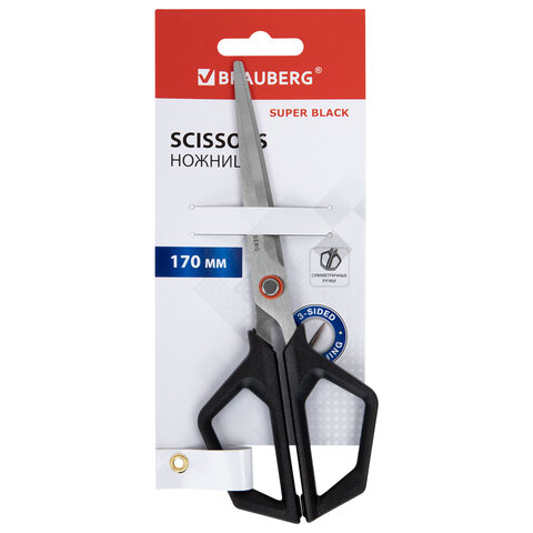 Ножницы BRAUBERG "Super black" 170 мм, черные, 3-сторонняя заточка, ручки из ABS-пластика, 238854