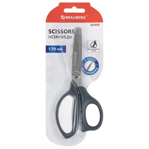 Ножницы BRAUBERG "BOMB", 170 мм, графитовый цвет, 2-х сторонняя заточка, эргономичные, 238857
