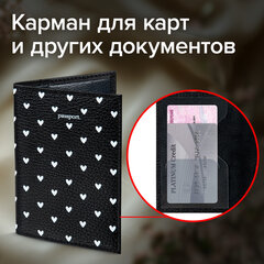 Обложка для паспорта натуральная кожа флоттер, принт &laquo;Сердечки&raquo;, цвет черный, BRAUBERG, 238867