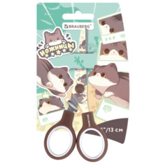 Ножницы 130 мм, коричневые, с цветной печатью &laquo;Милые котики&raquo;, BRAUBERG CUTE CATS, 238957