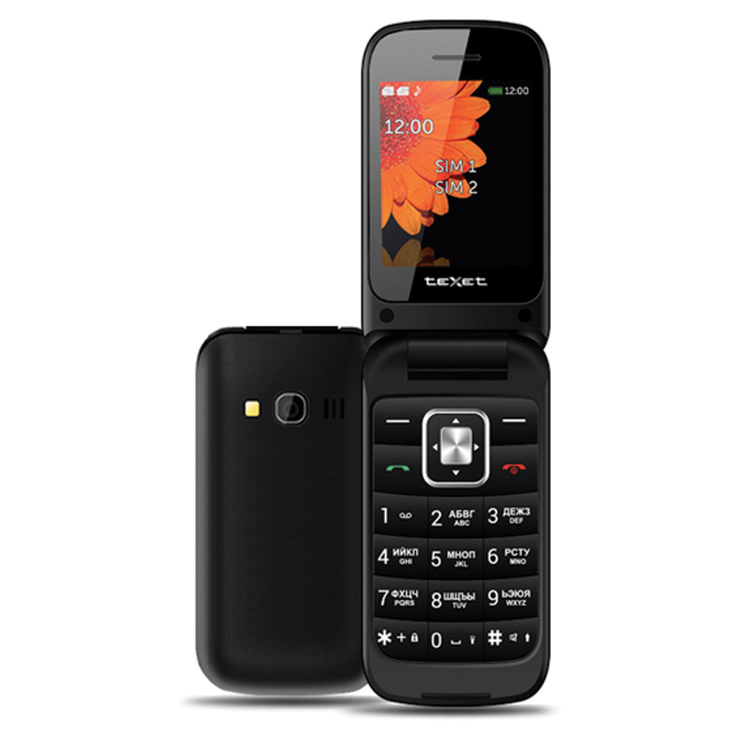Телефон мобильный TEXET TM-422, 2 SIM, 2,4", раскладной, microSD, FM, MP3, Bluetooth, камера, фонарик, черный