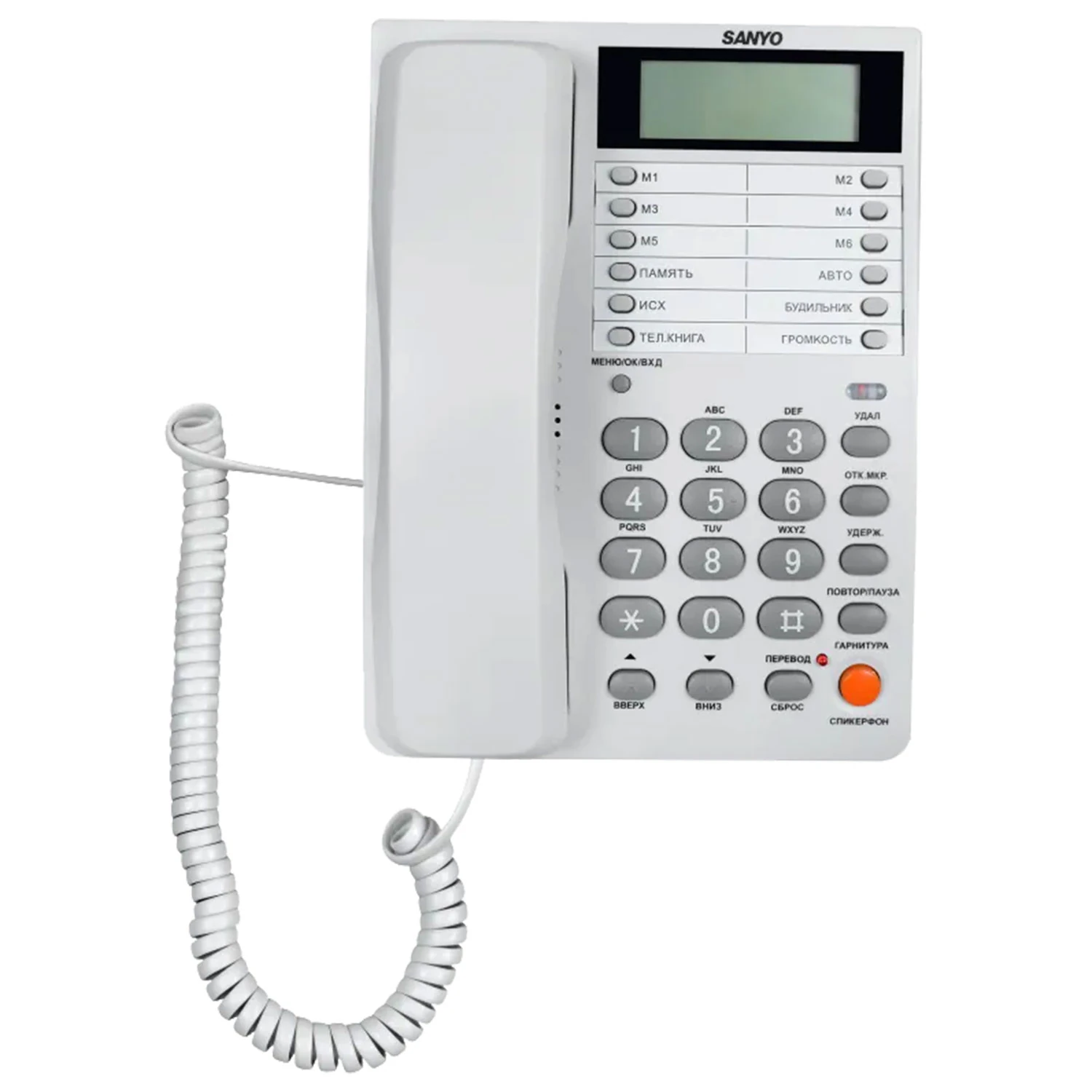 Телефон SANYO RA-S408W, спикерфон, память 55 номеров, тональный / импульсный режим, белый