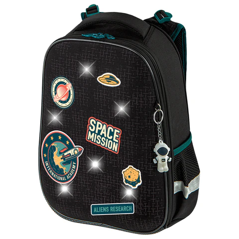Ранец BRAUBERG PREMIUM, 2 отделения, с брелком, "Space mission", LED ЛАМПОЧКИ, 38х29х16 см, 270599