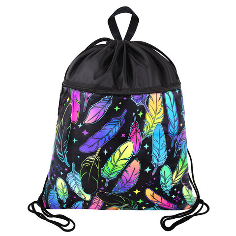 Мешок для обуви BRAUBERG БОЛЬШОЙ, с ручкой, карман на молнии, сетка, 49х41 см, "Feathers", 271057