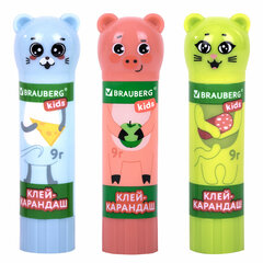 Клей-карандаш "Зверята: кошка, мышка, хрюшка", 9 г, фигурный колпачок, 3 шт./<wbr/>блистер, BRAUBERG KIDS, 271141