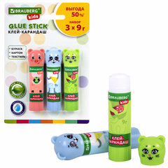 Клей-карандаш "Зверята: кошка, мышка, хрюшка", 9 г, фигурный колпачок, 3 шт./<wbr/>блистер, BRAUBERG KIDS, 271141