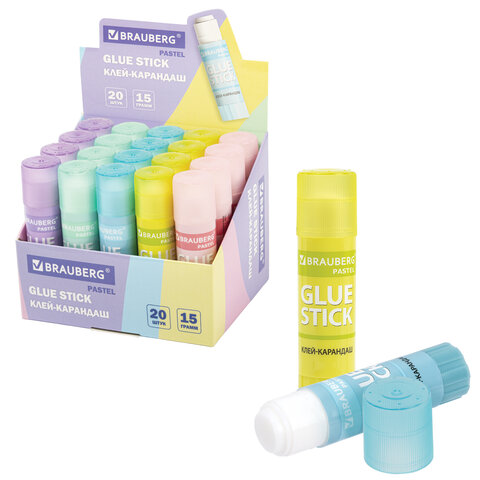 Клей-карандаш в пастельном корпусе BRAUBERG PASTEL, 15 г, PVP-основа, ассорти, 271249