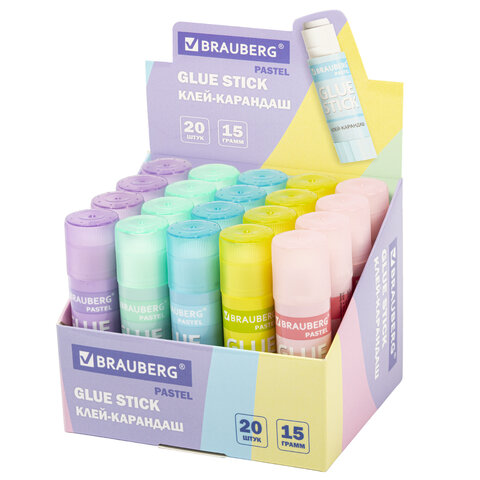 Клей-карандаш в пастельном корпусе BRAUBERG PASTEL, 15 г, PVP основа, ассорти, 271249