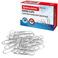 Изображение товара Скрепки EXTRA BRAUBERG 28 мм никелированные 100 штук для документов офисных работ