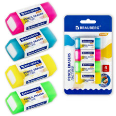 Ластики полупрозрачные BRAUBERG FRUITY НАБОР 4 штуки, размер ластика 54&times;23&times;10 мм, упаковка блистер, 271343