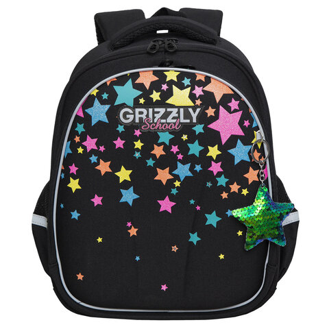 Ранец GRIZZLY анатомическая спинка, c брелоком, для девочек, "COLORFUL STARS", 36х28х20 см, RAz-386-1/1