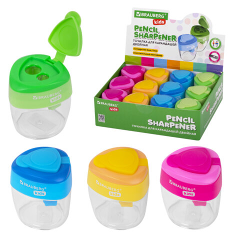 Точилка BRAUBERG KIDS "MAXI", 2 отверстия, с большим контейнером, трехгранный корпус, цвета ассорти, 271945