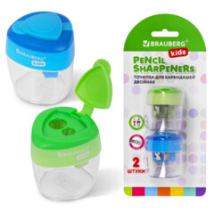 Точилки BRAUBERG KIDS &laquo;MAXI&raquo;, 2 ШТУКИ, 2 отверстия, с большим контейнером, трехгранный корпус, цвета ассорти, блистер, 271947