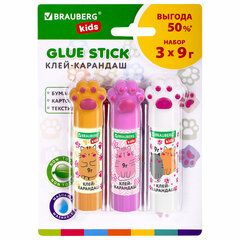 Клей-карандаш &laquo;Лапки&raquo; Cat Paw, 9 г, фигурный колпачок, 3 шт. на блистере, BRAUBERG KIDS, 271982