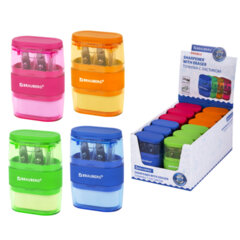 Точилка с ластиком 2 в 1 BRAUBERG &laquo;Double&raquo;, 2 отверстия, яркие цвета корпуса ассорти, 271987