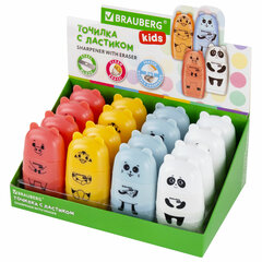 Точилка с ластиком 2 в 1 BRAUBERG KIDS &laquo;Зверушки&raquo;, 2 отверстия, дизайн ассорти, 271989