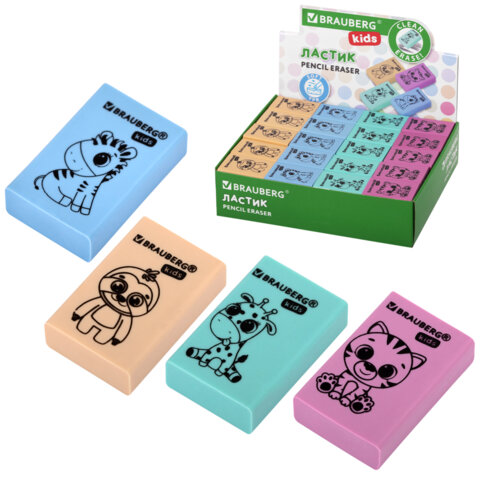 Ластик BRAUBERG KIDS "Школьный", 26х17х7 мм, прямоугольный, пастельные цвета ассорти, 271991