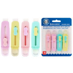 Ластики выдвижные с кистью 2 в 1 BRAUBERG &laquo;Slider Duo&raquo;, НАБОР 4 ШТУКИ, 85&times;21&times;15 мм, пастельные цвета ассорти, блистер, 271993