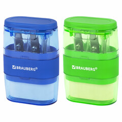 Точилки с ластиком 2 в 1 BRAUBERG &laquo;Double&raquo;, НАБОР 2 ШТУКИ, 2 отверстия, синяя и зеленая, блистер, 271995