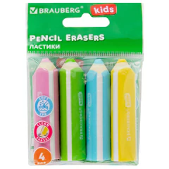 Ластики фигурные BRAUBERG KIDS &laquo;Карандашики&raquo;, НАБОР 4 ШТУКИ, пакет, 271996