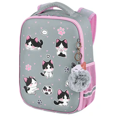 Ранец BRAUBERG LIGHT, 1 отделение, с брелоком, "Cat patches", плюшевые нашивки, 36х26х13 см, 272030