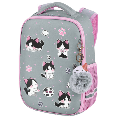 Ранец BRAUBERG LIGHT, 1 отделение, с брелоком, "Cat patches", плюшевые нашивки, 36х26х13 см, 272030
