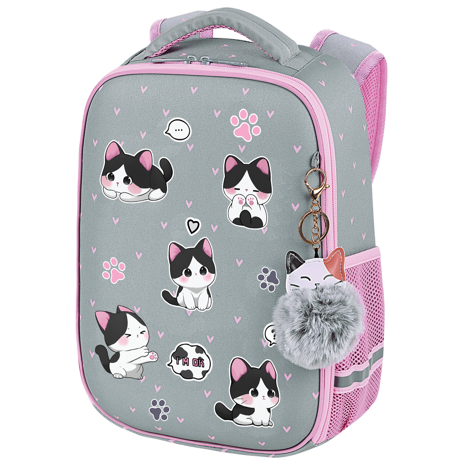 Ранец BRAUBERG LIGHT, 1 отделение, с брелоком, "Cat patches", плюшевые нашивки, 36х26х13 см, 272030