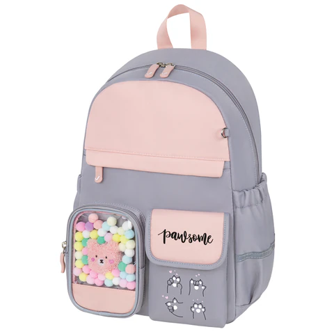 Рюкзак BRAUBERG PASTEL с термонашивками в комплекте, "Sweet paws", серый, 40х29х14 см, 272064