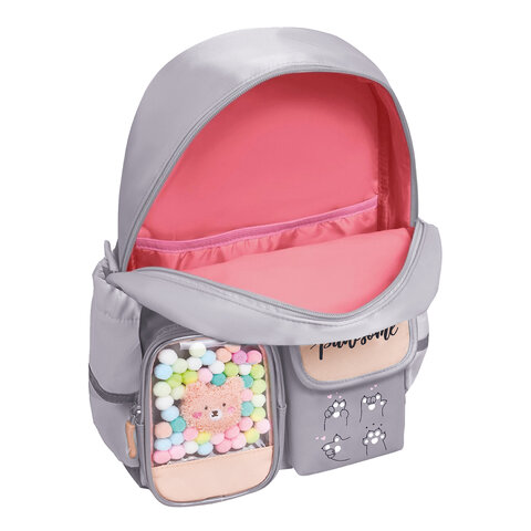 Рюкзак BRAUBERG PASTEL с термонашивками в комплекте, "Sweet paws", серый, 40х29х14 см, 272064 - фото 6