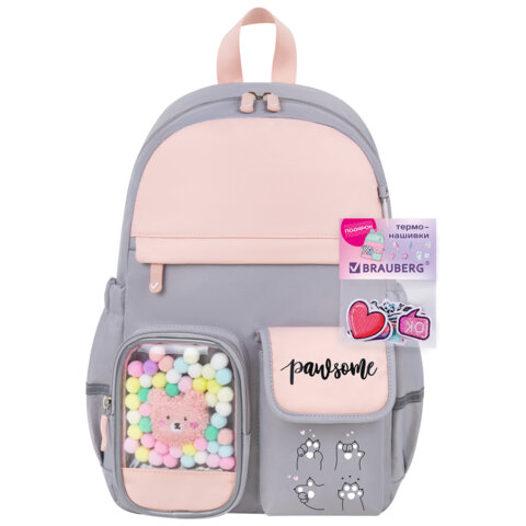 Рюкзак BRAUBERG PASTEL с термонашивками в комплекте, "Sweet paws", серый, 40х29х14 см, 272064 - фото 8
