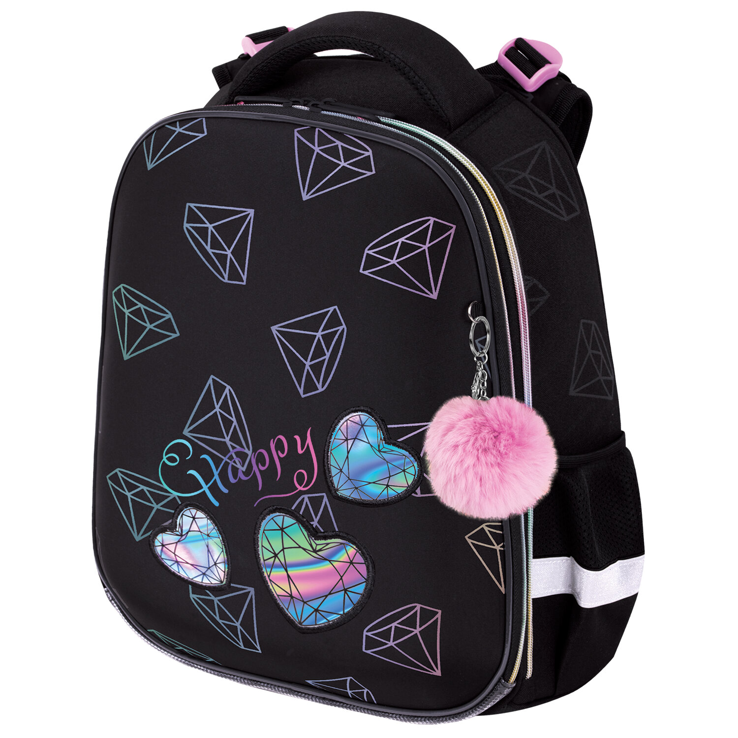 Ранец BRAUBERG LUMINOUS, 2 отделения, с брелоком, "Diamonds", СВЕТЯЩИЙСЯ РИСУНОК, 38х29х16 см, 272070