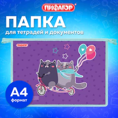 Папка для тетрадей ПИФАГОР А4, 1 отделение, картон/<wbr/>пластик, на молнии, &laquo;Bike cats&raquo;, 272125