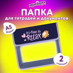 Папка для тетрадей ЮНЛАНДИЯ А5, пластик, 2 отделения, клапан на липучке, &laquo;Уставший котенок&raquo;, 272189